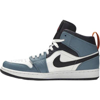 Air Jordan 1 Mid Fearless Facetasm sneaker with white leather, blue and navy overlays, and an orange heel tab.