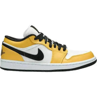Women's Air Jordan 1 Low in Laser Orange, white, and black with leather overlays, black Swoosh, and rubber outsole.