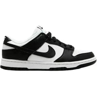 Nike Dunk Low Next Nature Panda women's sneaker in black and white leather with a low-cut collar and rubber outsole.