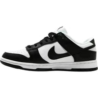 Nike Dunk Low Next Nature Panda women's sneaker in black and white leather with a low-cut collar and rubber outsole.