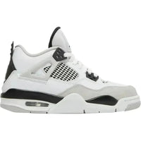 Jordan 4 Retro Military Black GS sneaker featuring white leather, grey suede overlays, and black mesh side panels.