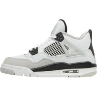 Jordan 4 Retro Military Black GS sneaker in white leather with grey suede overlays, black accents, and breathable mesh panels.