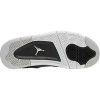 Black and white rubber outsole of Jordan 4 Retro Military Black GS sneaker with white Jumpman logo.