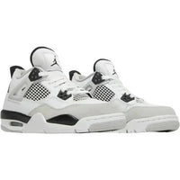 Jordan 4 Retro Military Black GS sneakers featuring white leather, grey suede overlays, and black mesh side panels.