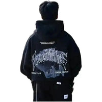 Model wearing a black, heavyweight, cropped Venedictus Dark Haven V2 hoodie with oversized fit and graphic back print.