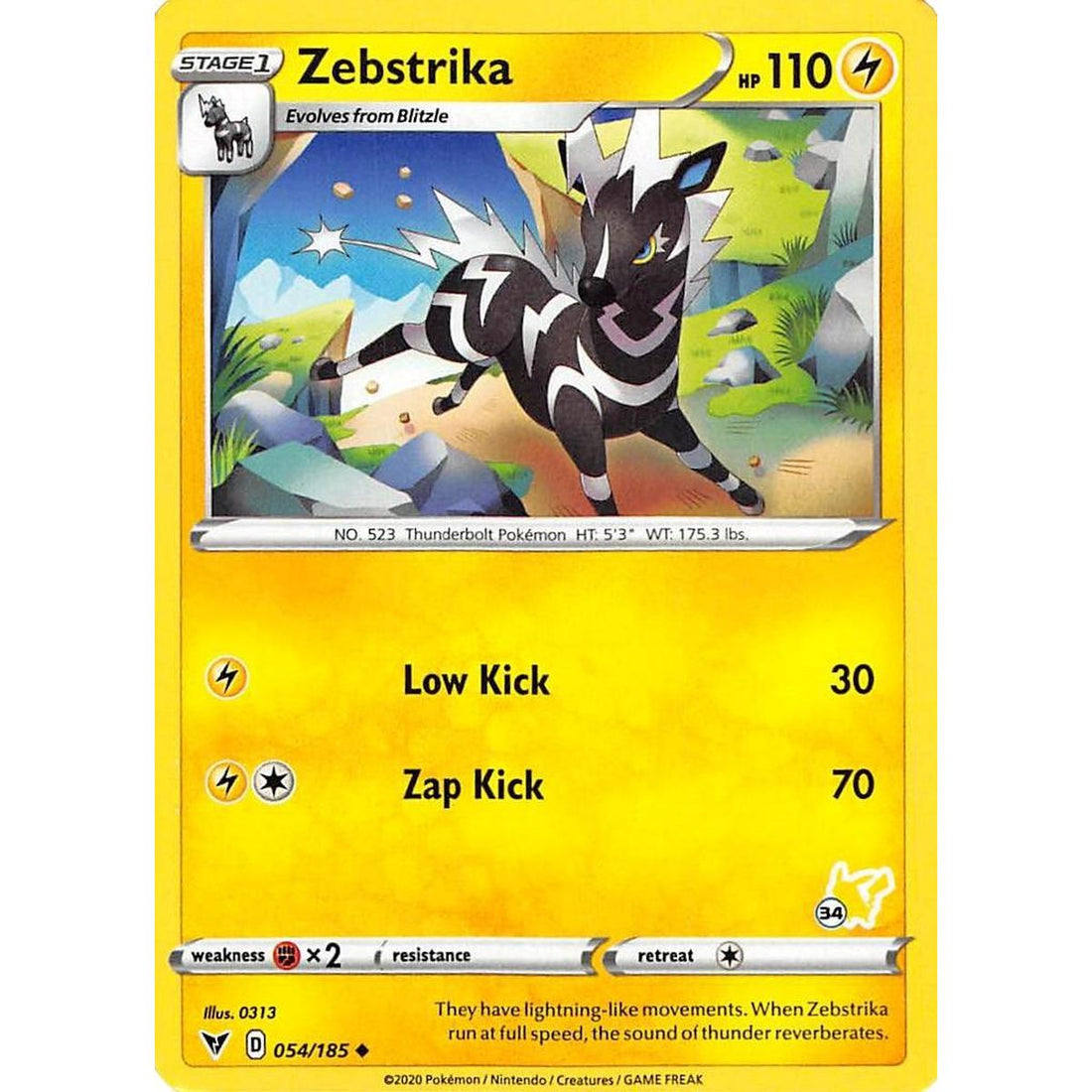 Zebstrika - 054/185 (#34 Pikachu Stamped)