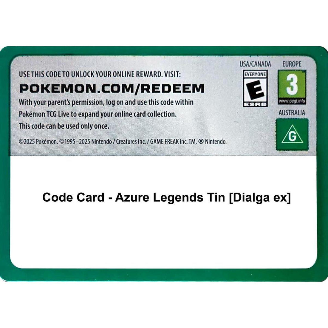 Code Card - Azure Legends Tin [Dialga ex]
